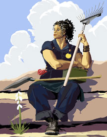 Cartoon of women holding a rake and shovel