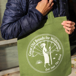 Hemp tote with the "Great Old Broads for Wilderness, Get into the wild" logo
