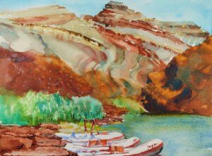 Painting of rocks, river, and boats by Suze Woolf